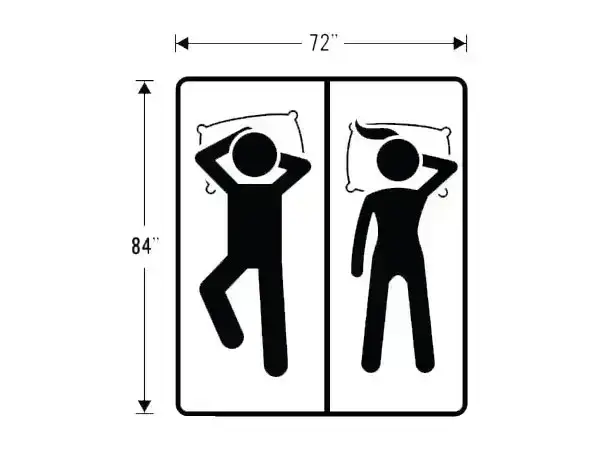 California King bed dimensions with stick figures sleeping.