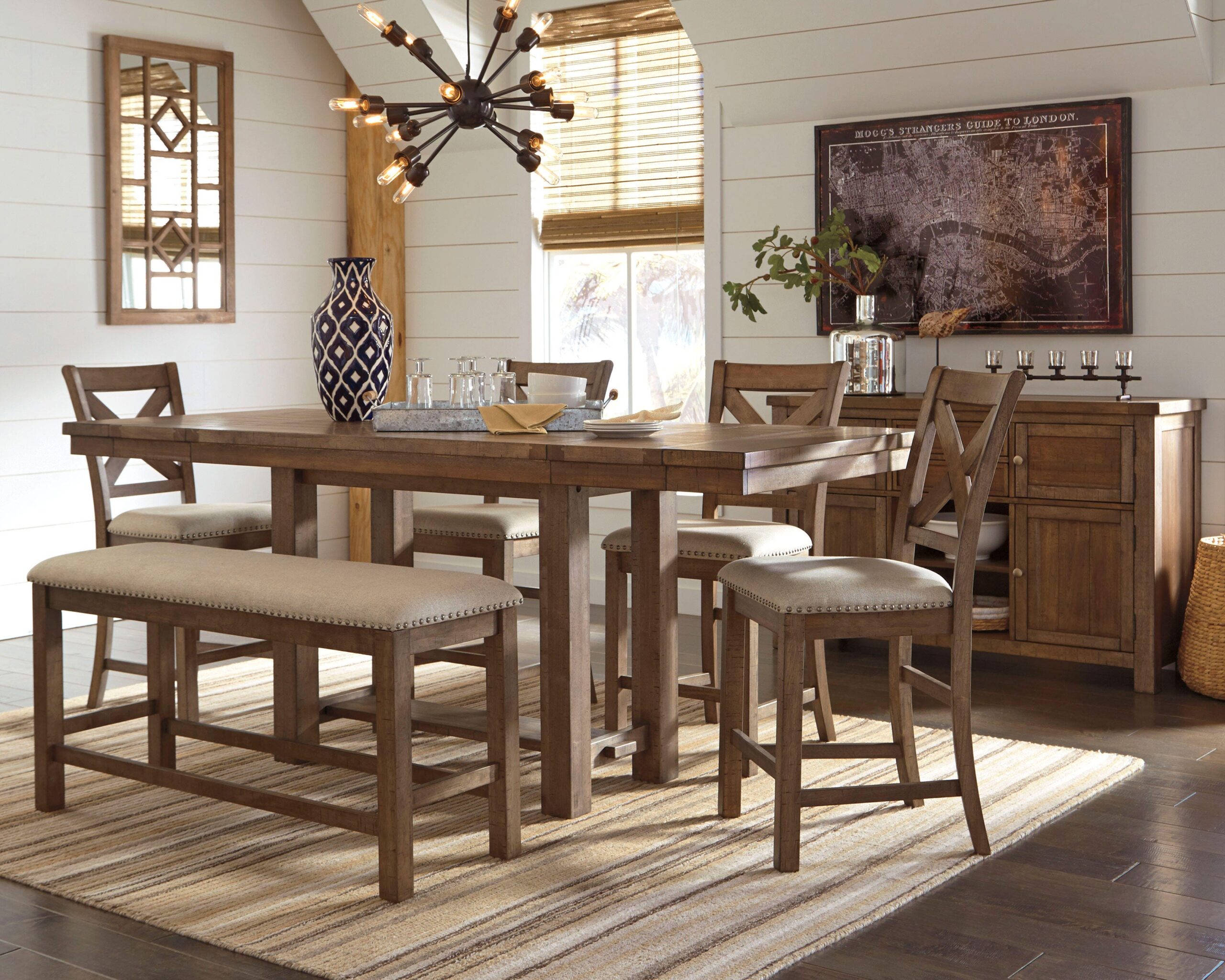 4433e65c99287b07f04ce4b113a27f74 Moriville Counter Height Dining Table with 4 Barstools, Bench, and Server - Image 1