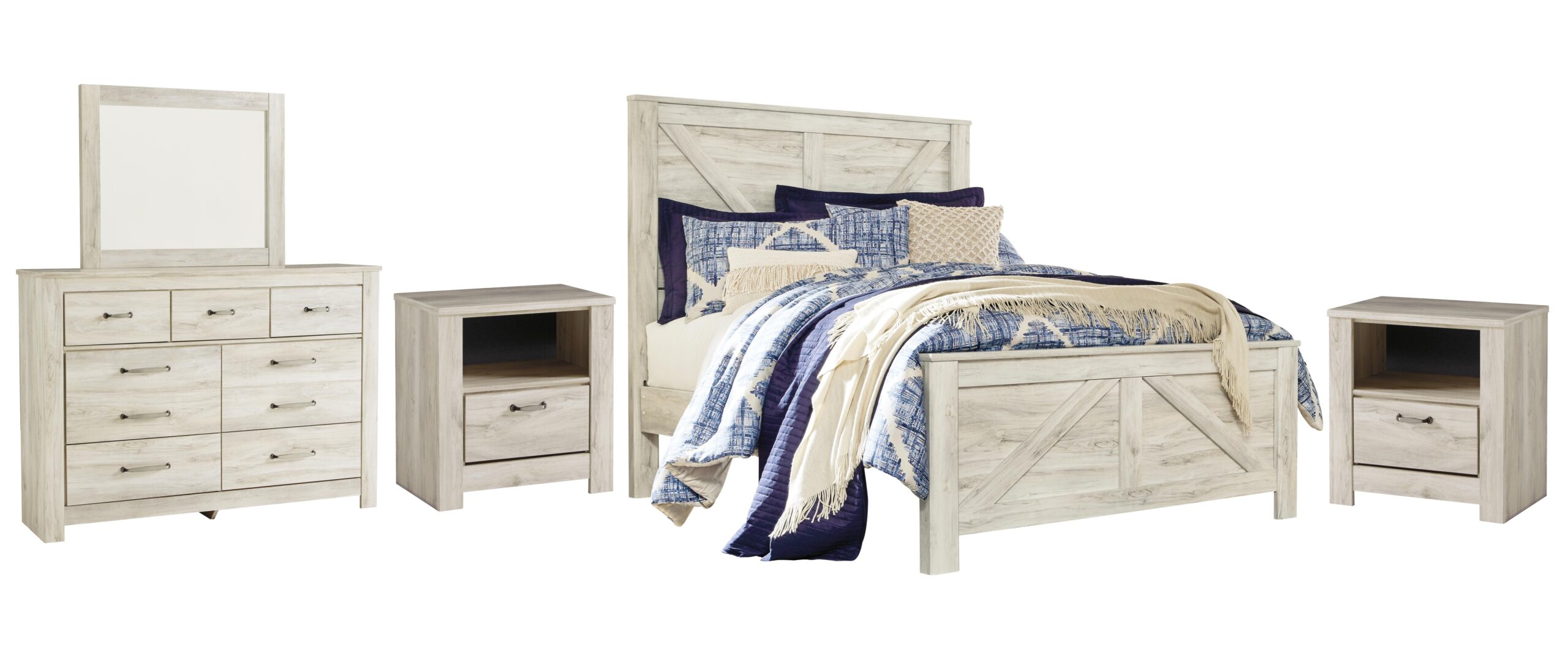 61ad7a4509d695238442b1cd8e7892dd Bellaby Queen Crossbuck Panel Bed, Dresser, Mirror and 2 Nightstands - Image 1
