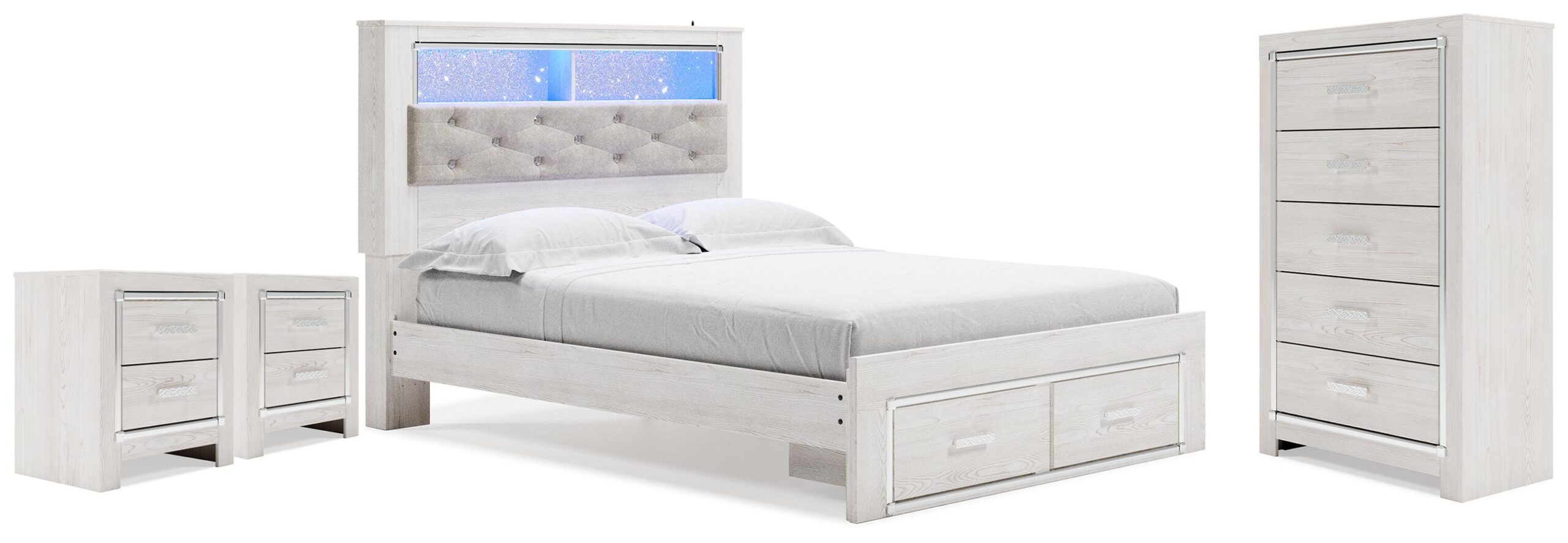 61dd2f83ab59b2503348e136c55a8b7e Altyra Queen Bookcase Storage Bed, Chest and 2 Nightstands - Image 1