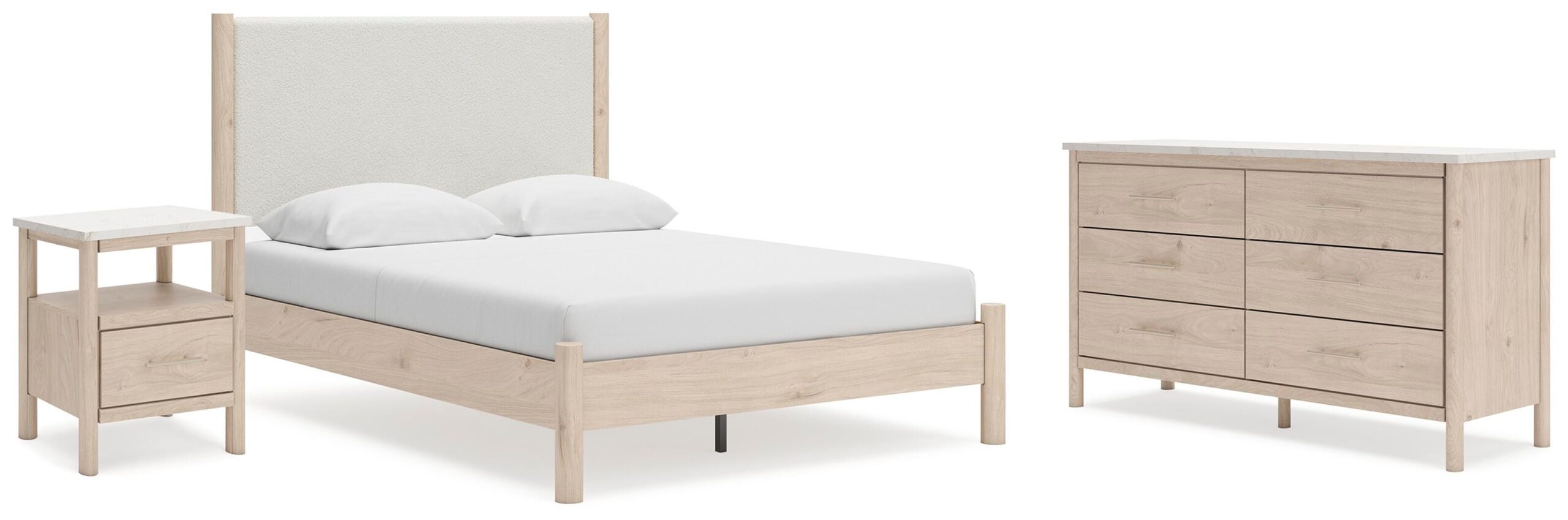 715dda1952d1707ee31ecf6b1f47511b Cadmori Queen Upholstered Panel Bed, Dresser and Nightstand - Image 1