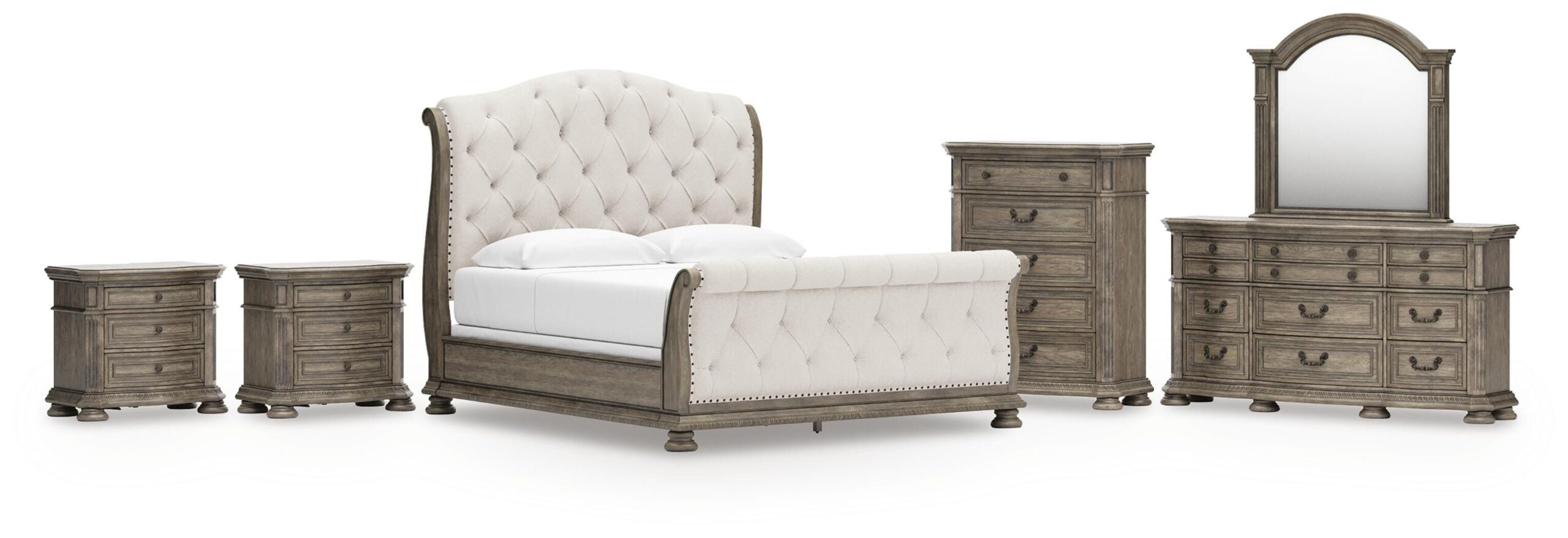 7d8ca3c3b50e23793ab32abd24dcfa8d Ardenfield King Upholstered Sleigh Bed, Dresser, Mirror, Chest and 2 Nightstands - Image 1