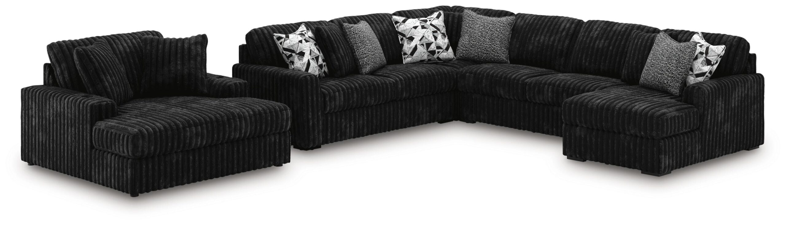 93120111cd36f669ee0533edfbc6c437 Midnight-Madness 4-Piece Sectional and Oversized Chaise - Image 1