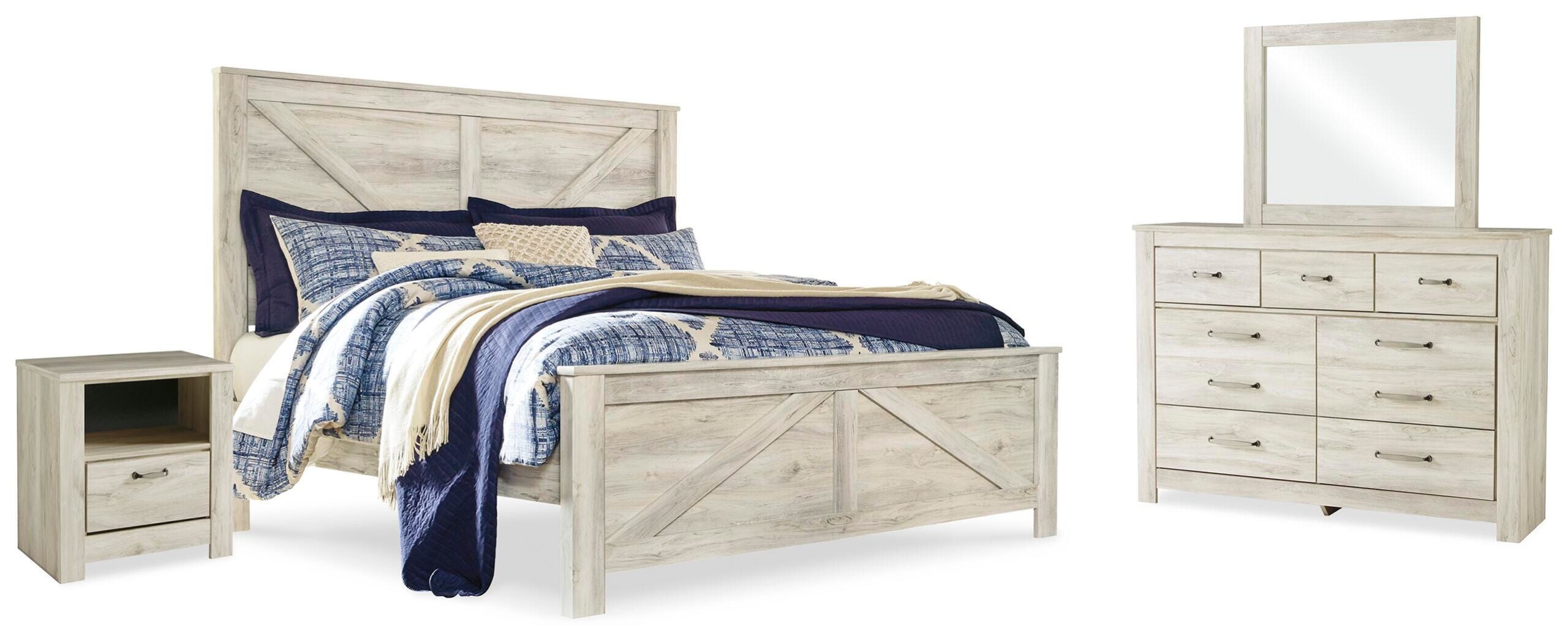 a39674443681082b42819f04142e7677 Bellaby King Crossbuck Panel Bed, Dresser, Mirror, and Nightstand - Image 1