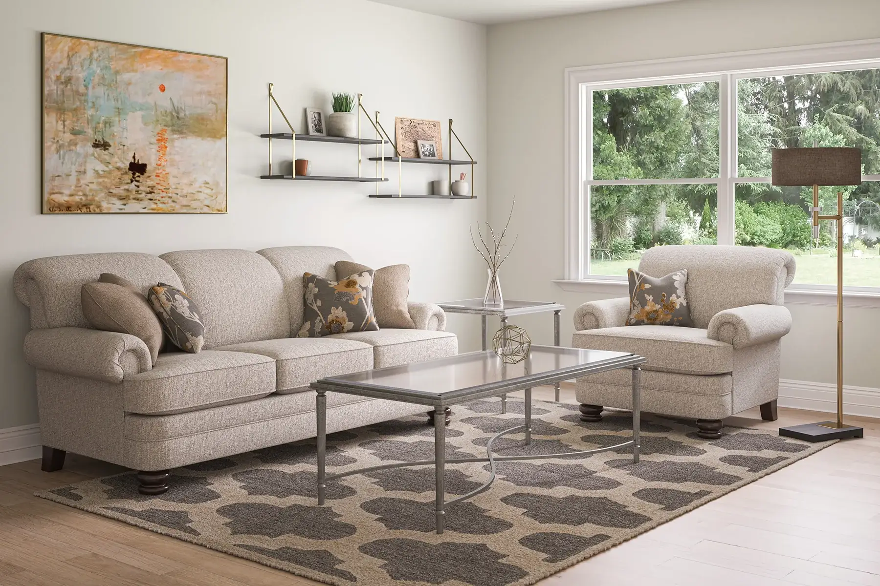 Elegant living room with beige sofa, armchair, and coffee table.