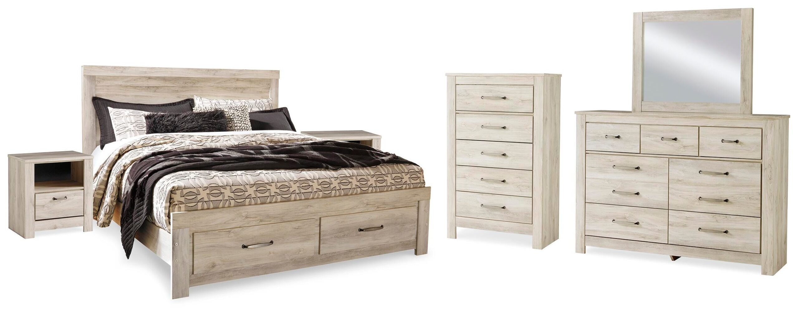 d60359fa61a49878cdb7e857054765c4 Bellaby King Storage Bed, Dresser, Mirror, Chest and 2 Nightstands - Image 1