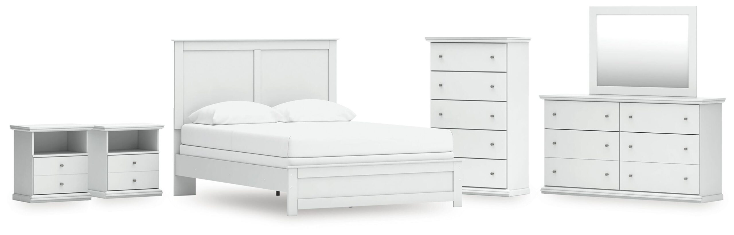d6839c3bba93bb7f1bfde225e0ee5254 Bostwick Shoals Queen Panel Bed with Mirrored Dresser, Chest and 2 Nightstands - Image 1