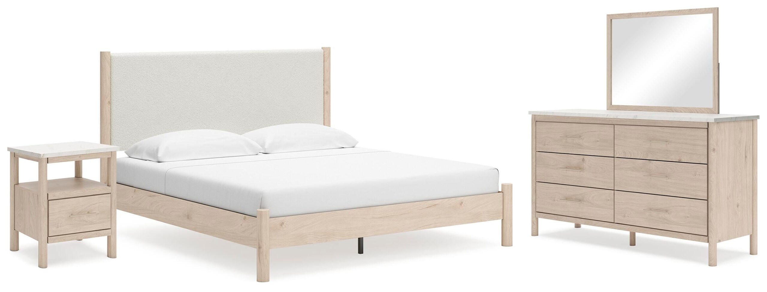 dfd5aabad842cdab6c13058e95276a6e Cadmori King Upholstered Panel Bed, Dresser, Mirror and Nightstand - Image 1
