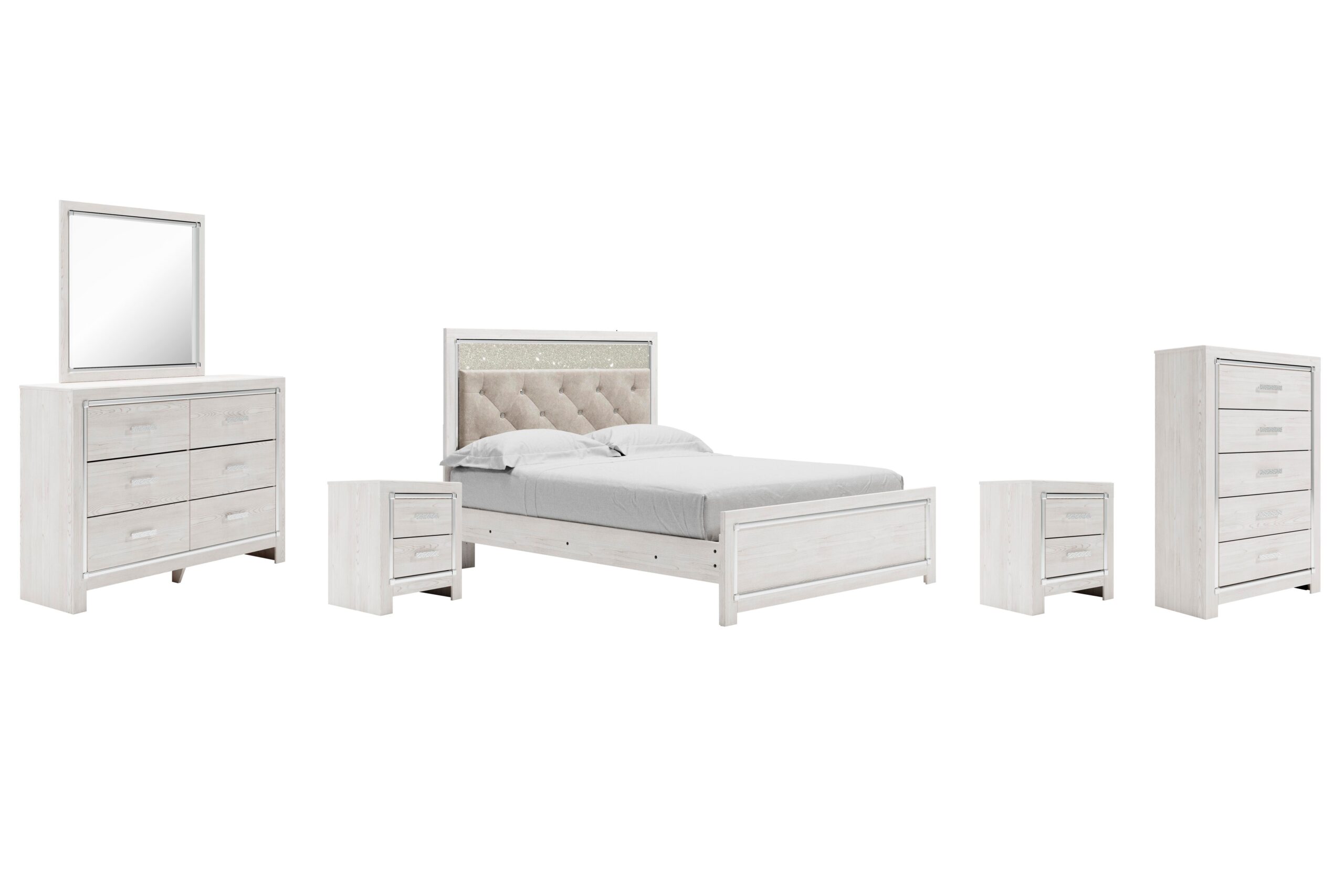 e54a2df9472aecd08b4579716e28893b Altyra Queen Upholstered Panel Bed, Dresser, Mirror, Chest and 2 Nightstands - Image 1