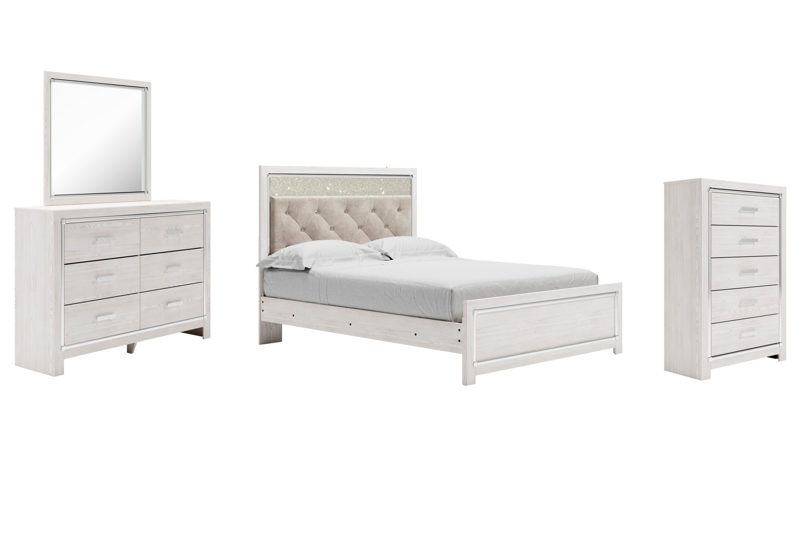 ee4a620ccc1dcdbcf34992139ff17cce Altyra Queen Upholstered Panel Bed, Dresser, Mirror, and Chest - Image 1