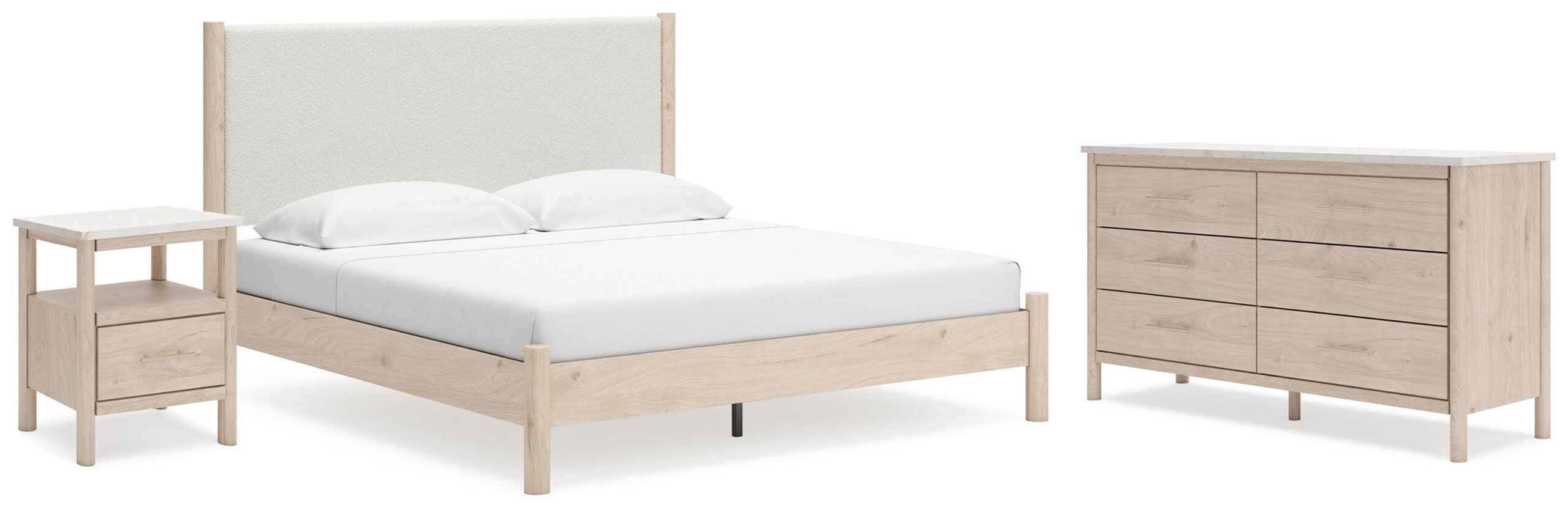 f2935e33a713918450a01882d336aefb Cadmori King Upholstered Panel Bed, Dresser and Nightstand - Image 1