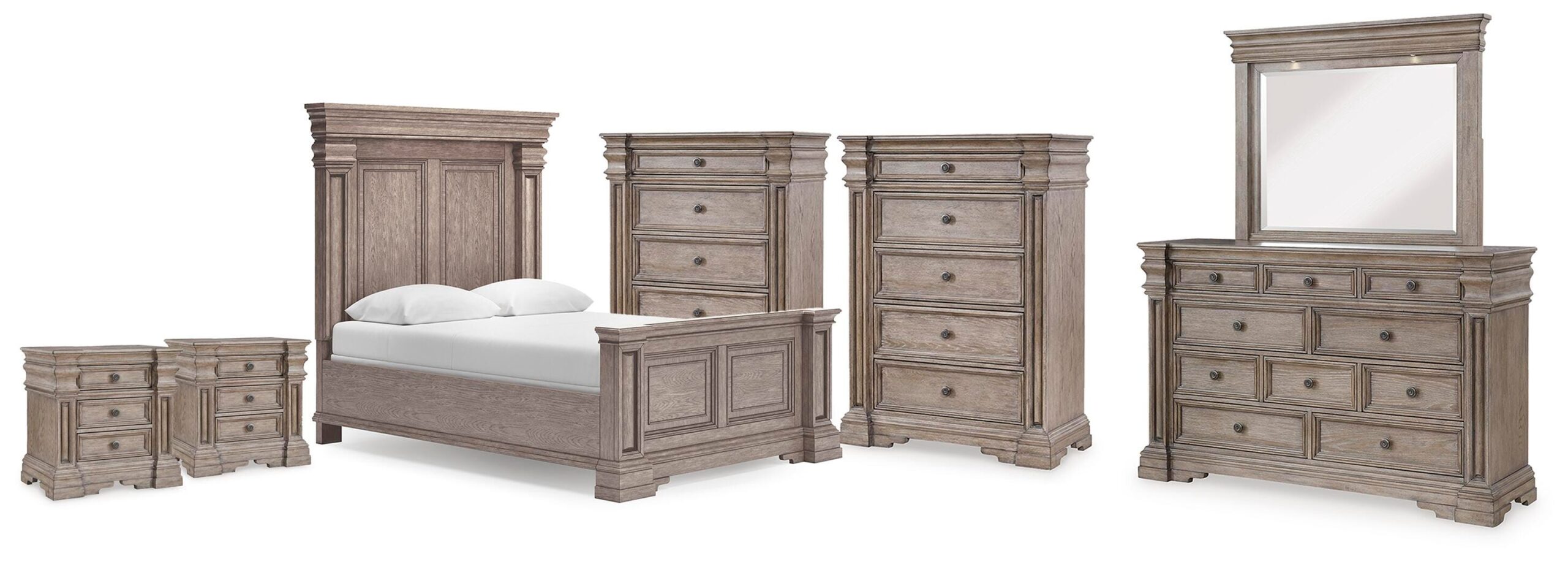 f7349e44423a8e547440e94d056bbfd5 Blairhurst Queen Panel Bed. Dresser, Mirror, 2 Chests and 2 Nightstands - Image 1