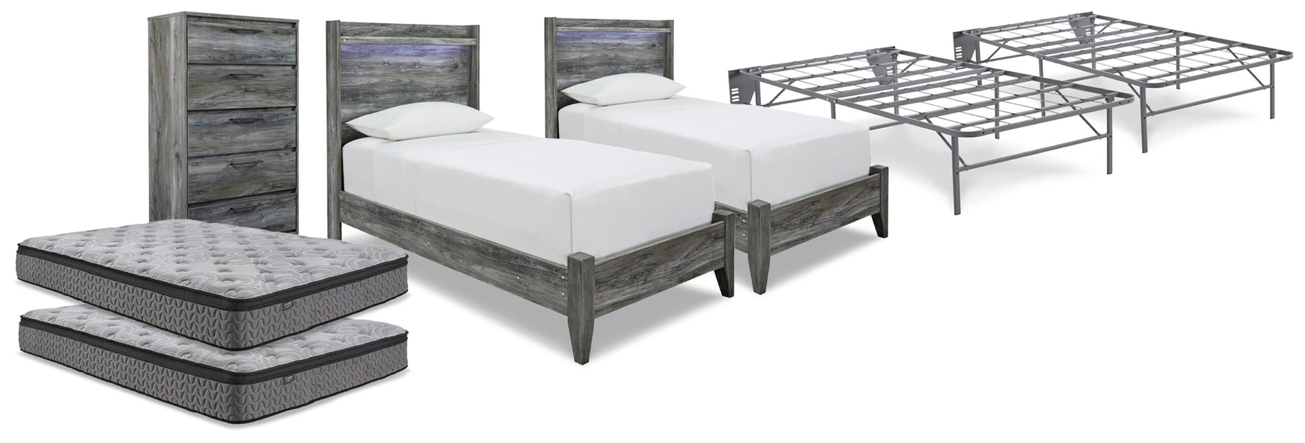 fce9b527072cd01aa1cecd959f8dd66c Baystorm 2 Twin Panel Beds, 2 Mattresses, 2 Foundations, and Chest - Image 1