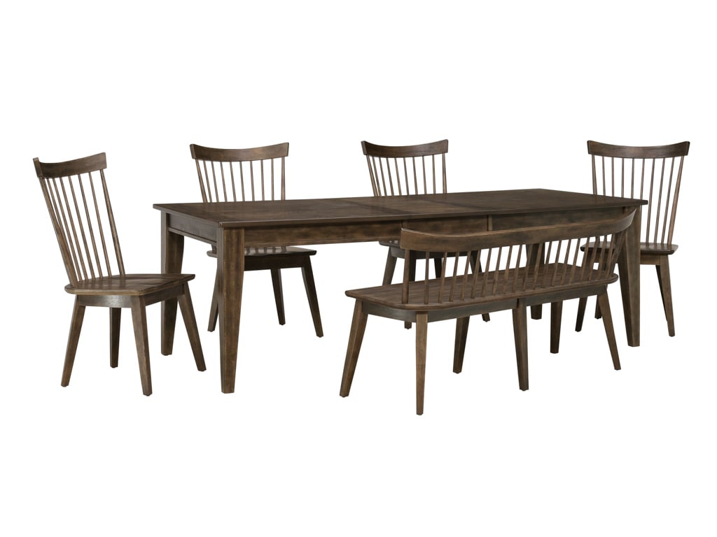 Dark wood dining set with table, chairs, and spindle bench.