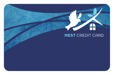 Blue credit card design with bird and house logo.